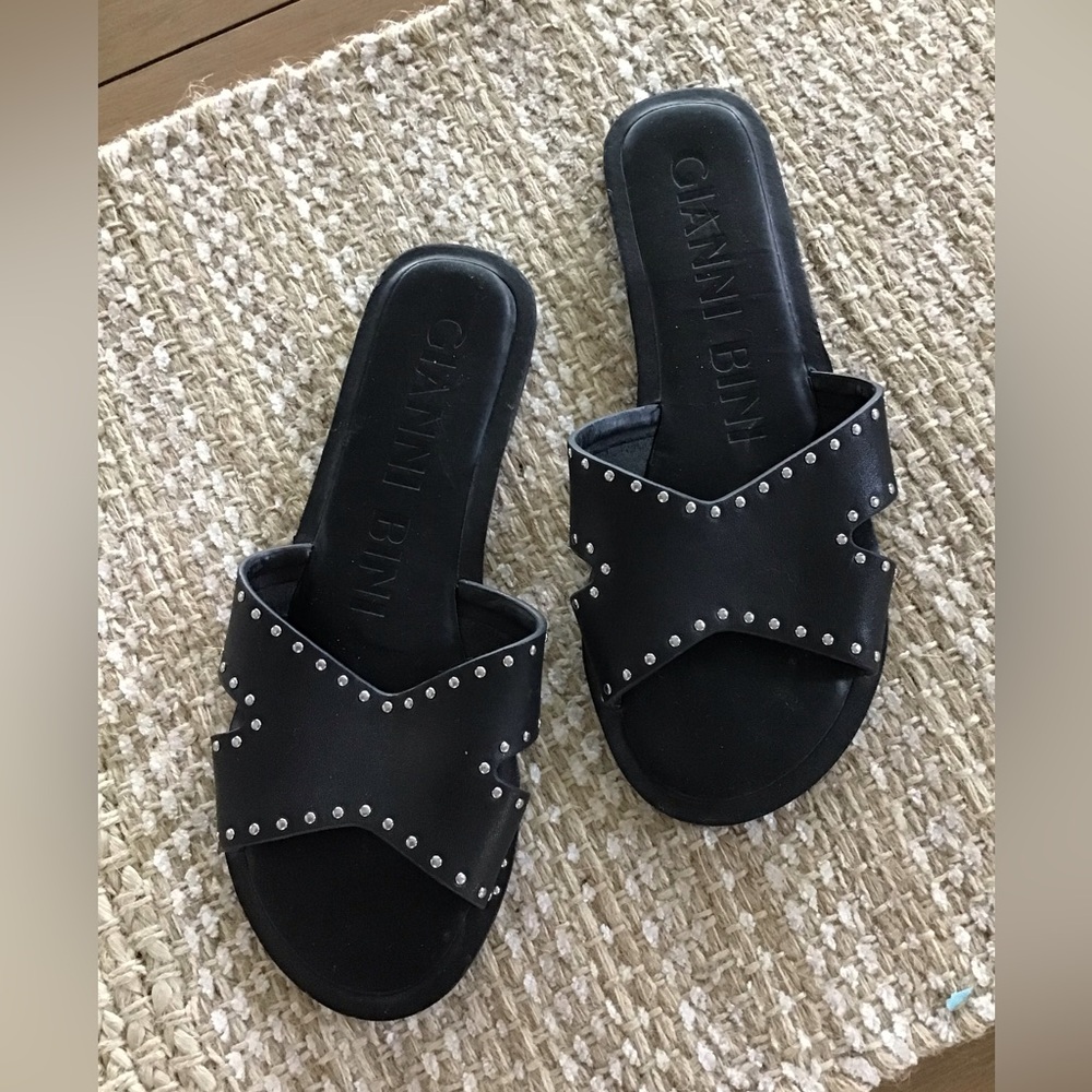 Gianni Bini Black Leather Studded Sandal